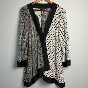 Ali Miles Gray Black Mesh Knit Cardigan XL Open Drape Asymmetrical Button Front